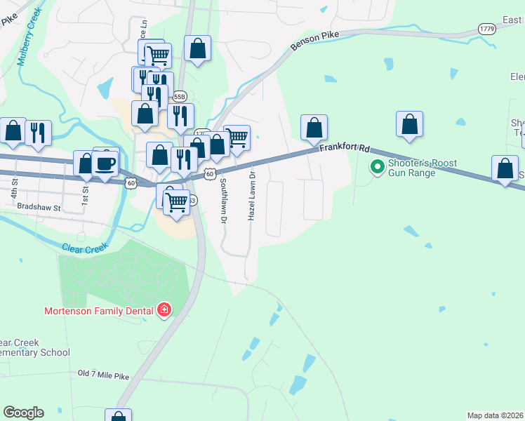 map of restaurants, bars, coffee shops, grocery stores, and more near 144 Eastview Circle in Shelbyville