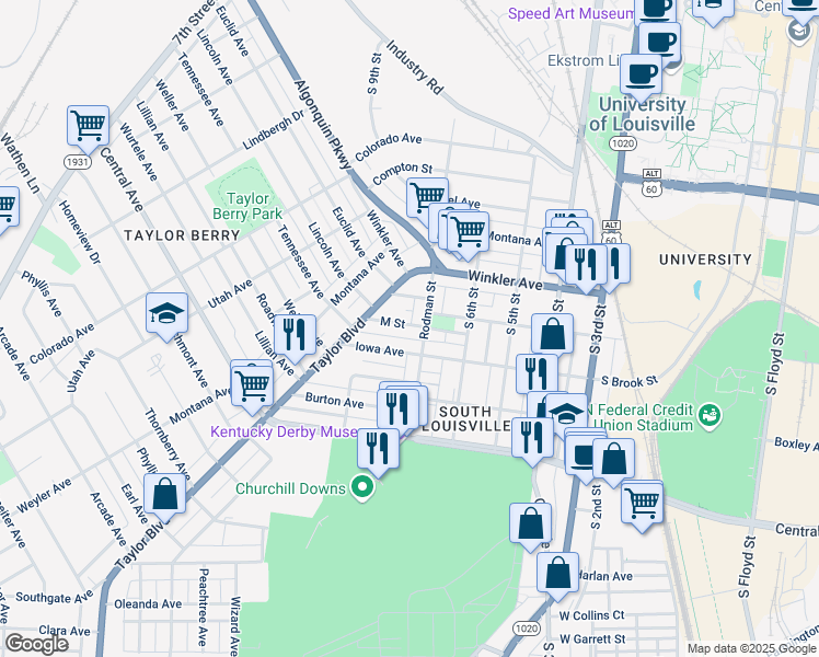 map of restaurants, bars, coffee shops, grocery stores, and more near 708 M Street in Louisville