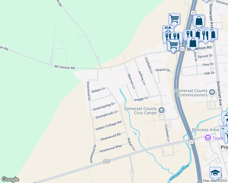map of restaurants, bars, coffee shops, grocery stores, and more near 11925 Robyn Lane in Princess Anne