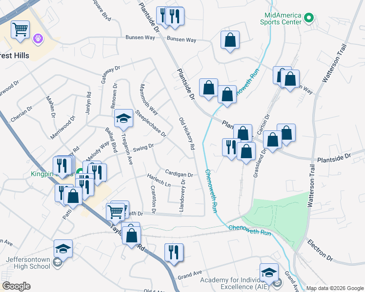 map of restaurants, bars, coffee shops, grocery stores, and more near 2406 Old Hickory Road in Louisville