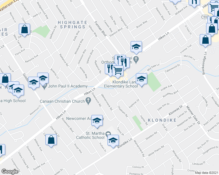 map of restaurants, bars, coffee shops, grocery stores, and more near 3701-3747 Noblitt Drive in Louisville