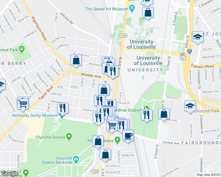 map of restaurants, bars, coffee shops, grocery stores, and more near 317 M Street in Louisville