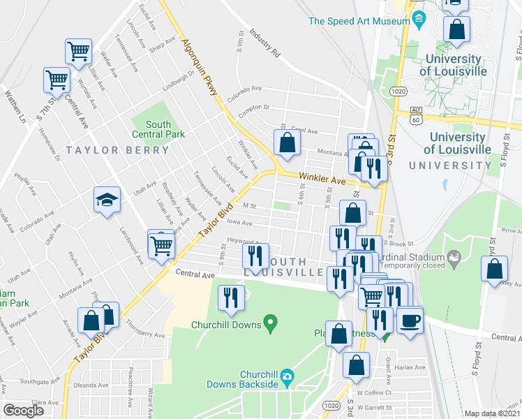 map of restaurants, bars, coffee shops, grocery stores, and more near 2730 Rodman Street in Louisville