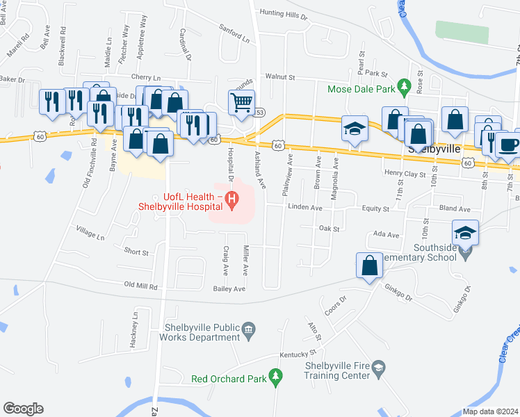 map of restaurants, bars, coffee shops, grocery stores, and more near 800 Ashland Avenue in Shelbyville