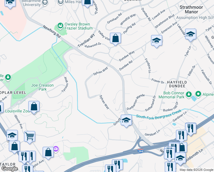 map of restaurants, bars, coffee shops, grocery stores, and more near 2600 1/2 Newburg Road in Louisville