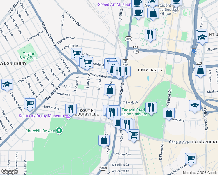 map of restaurants, bars, coffee shops, grocery stores, and more near 413 M Street in Louisville
