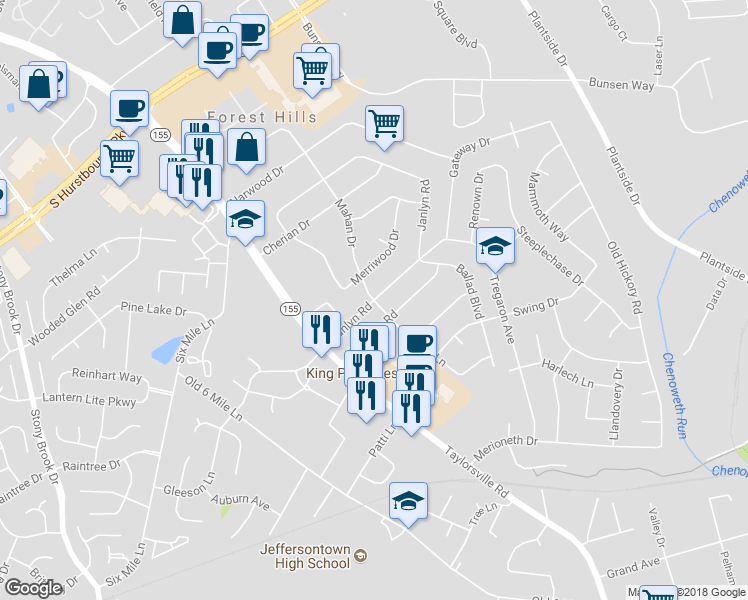 map of restaurants, bars, coffee shops, grocery stores, and more near Janlyn Road in Louisville