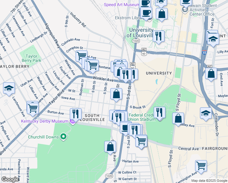 map of restaurants, bars, coffee shops, grocery stores, and more near 413 M Street in Louisville
