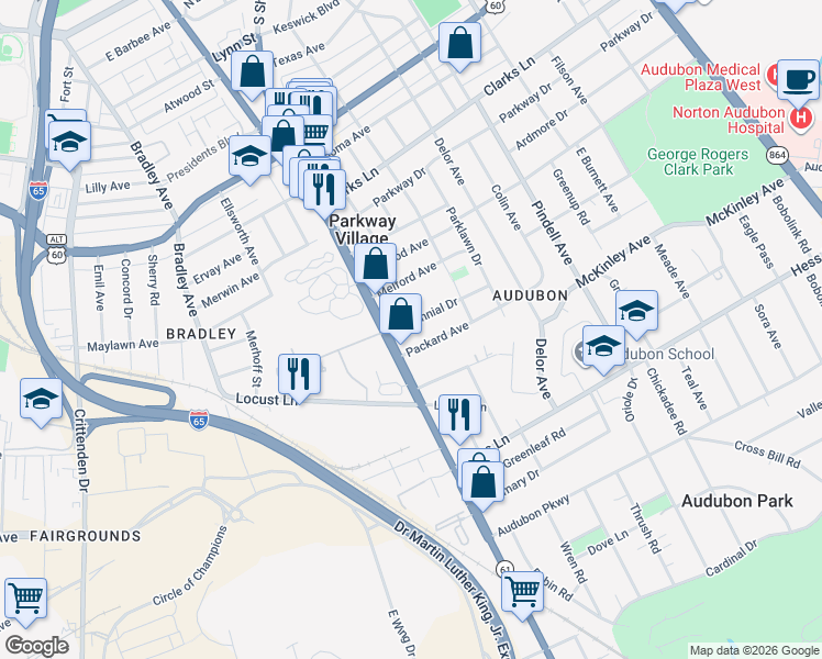 map of restaurants, bars, coffee shops, grocery stores, and more near 809 Perennial Drive in Louisville