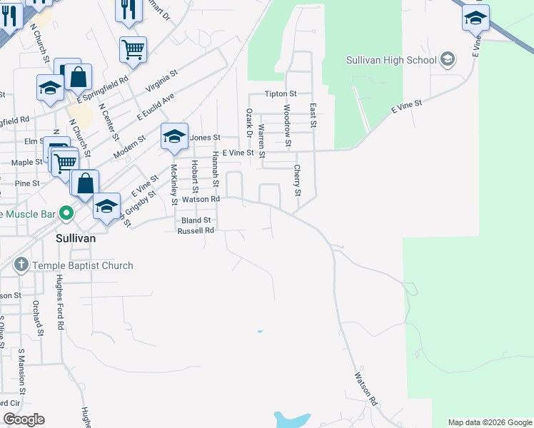map of restaurants, bars, coffee shops, grocery stores, and more near 324 Cash St in Sullivan