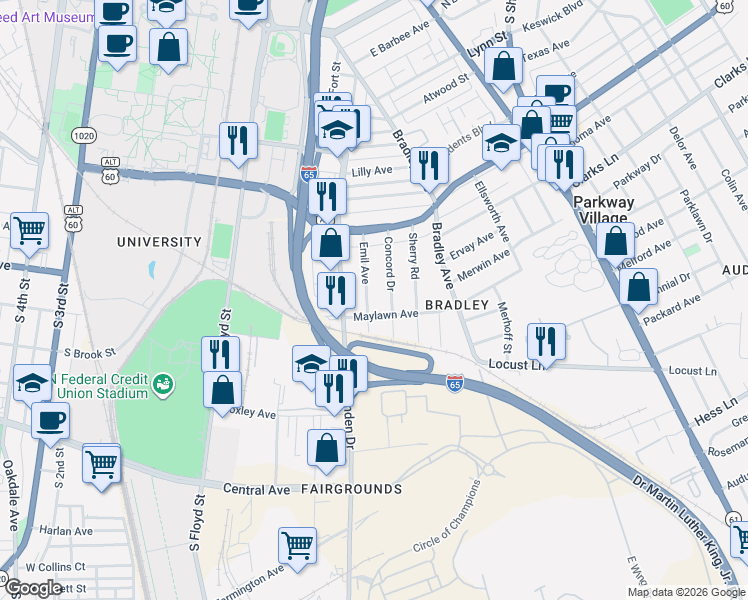 map of restaurants, bars, coffee shops, grocery stores, and more near 2431 Concord Drive in Louisville