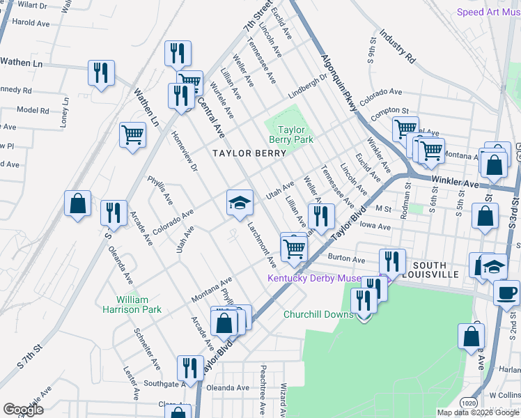 map of restaurants, bars, coffee shops, grocery stores, and more near 1242 Central Avenue in Louisville