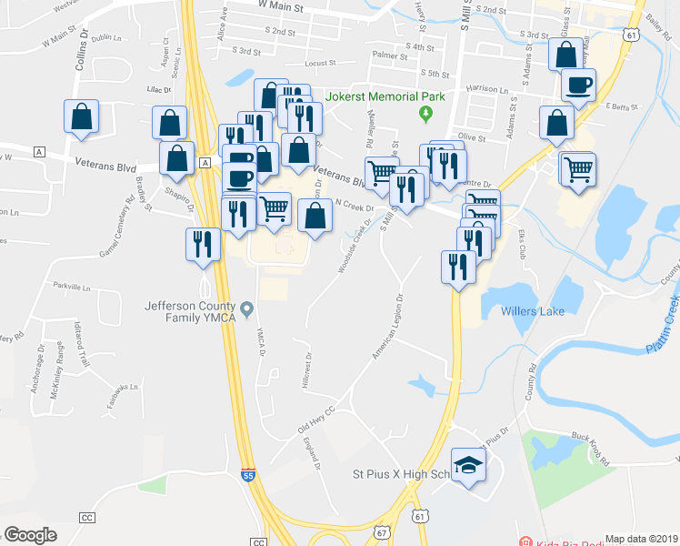 map of restaurants, bars, coffee shops, grocery stores, and more near 799 Woodside Creek Drive in Festus