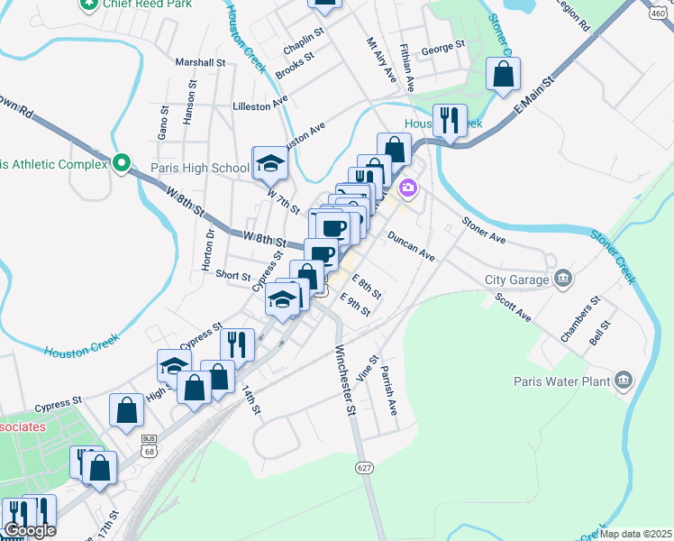 map of restaurants, bars, coffee shops, grocery stores, and more near 732 East 8th Street in Paris