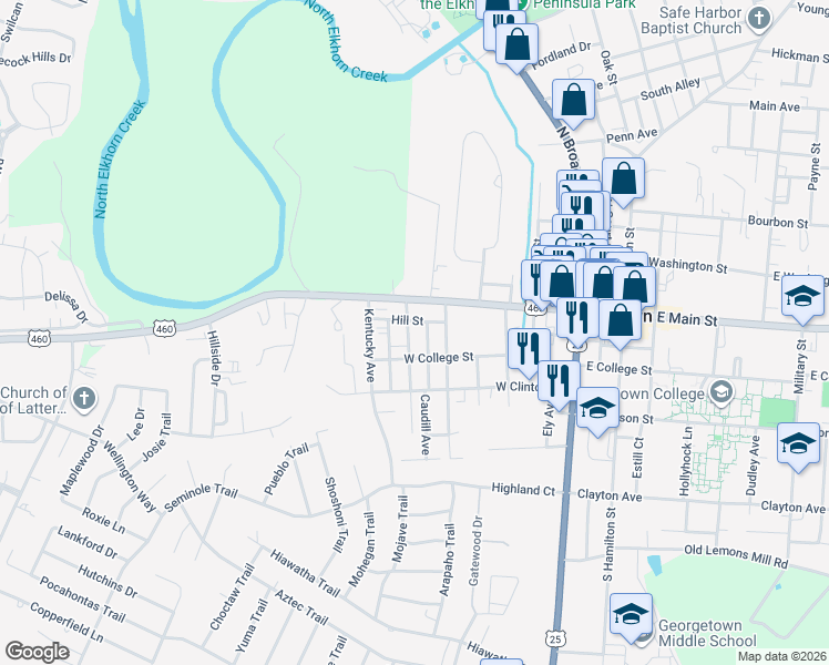 map of restaurants, bars, coffee shops, grocery stores, and more near 105 Hill Street in Georgetown