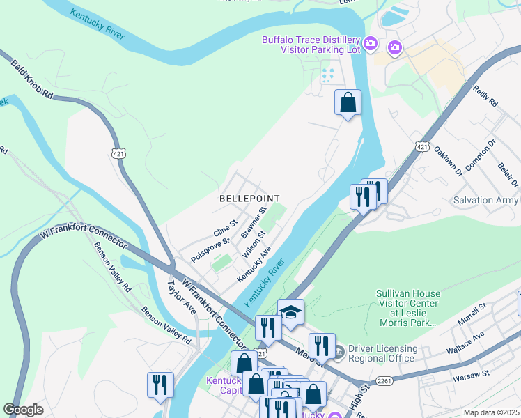 map of restaurants, bars, coffee shops, grocery stores, and more near 816 Brawner Street in Frankfort