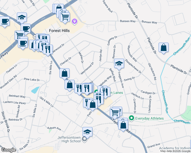 map of restaurants, bars, coffee shops, grocery stores, and more near 2506 Harmony Road in Louisville