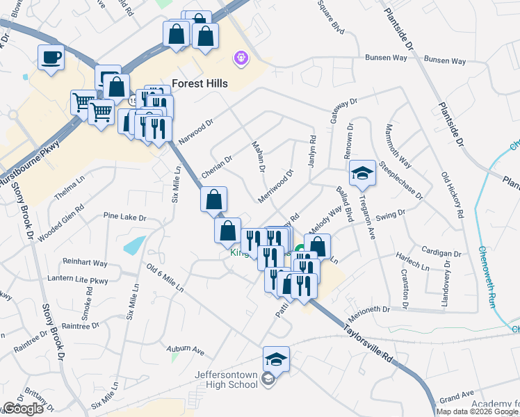 map of restaurants, bars, coffee shops, grocery stores, and more near 2410 Merriwood Drive in Jeffersontown