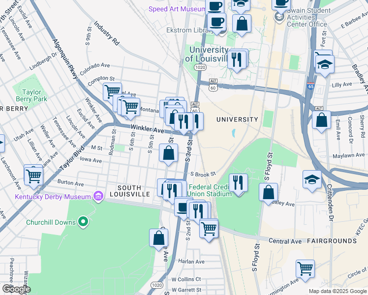 map of restaurants, bars, coffee shops, grocery stores, and more near 317 M Street in Louisville