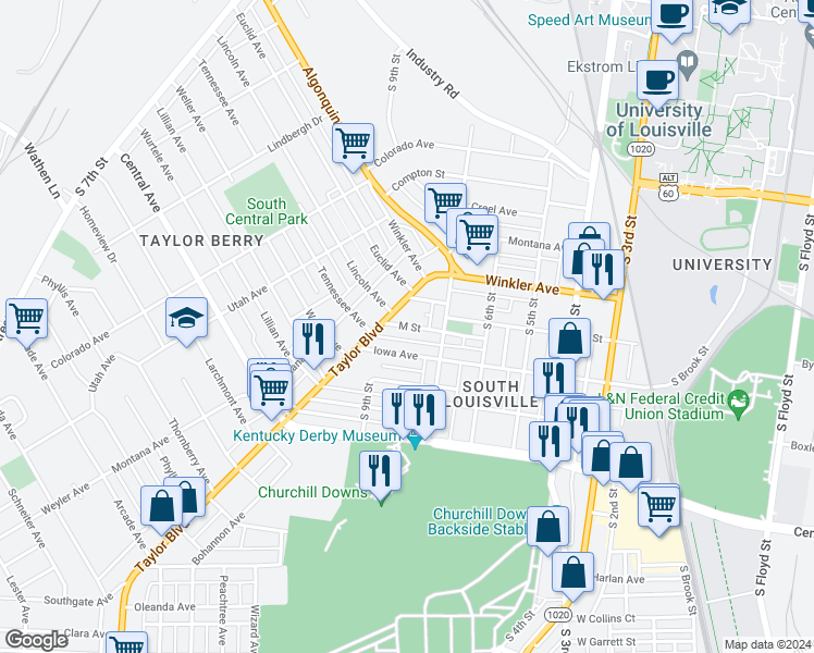 map of restaurants, bars, coffee shops, grocery stores, and more near 733 M Street in Louisville