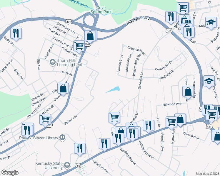 map of restaurants, bars, coffee shops, grocery stores, and more near Rouse Ave in Frankfort
