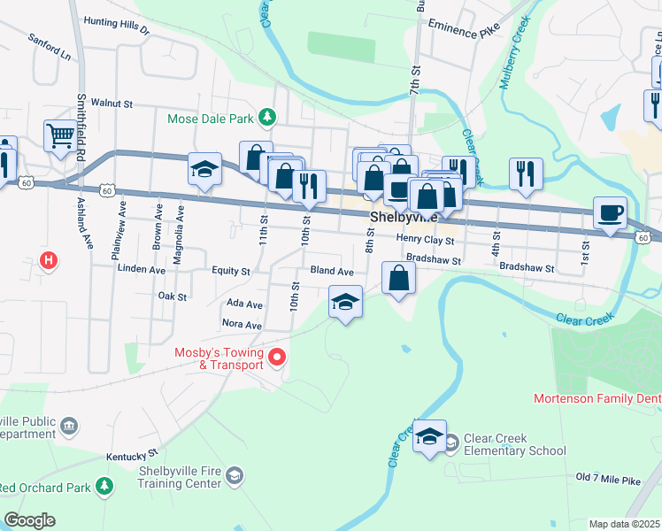 map of restaurants, bars, coffee shops, grocery stores, and more near 903 Bland Avenue in Shelbyville