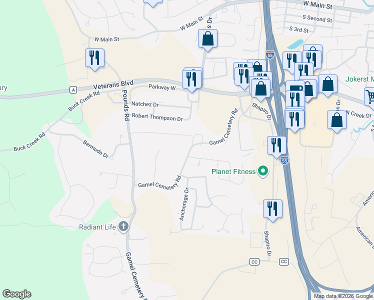 map of restaurants, bars, coffee shops, grocery stores, and more near 1843 Gamel Cemetery Road in Festus