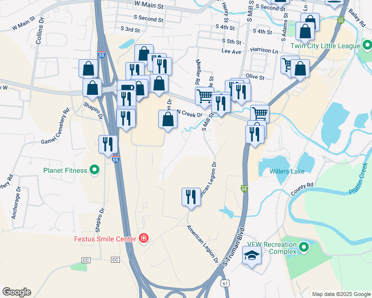 map of restaurants, bars, coffee shops, grocery stores, and more near 744 Woodside Creek Drive in Festus