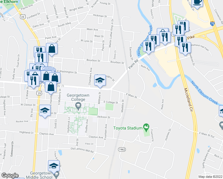 map of restaurants, bars, coffee shops, grocery stores, and more near 701 East Main Street in Georgetown