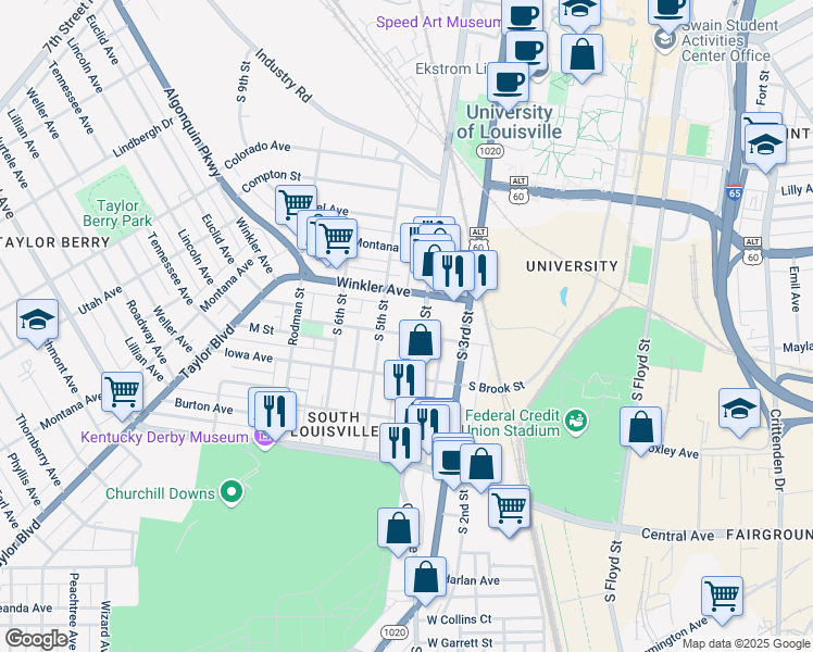 map of restaurants, bars, coffee shops, grocery stores, and more near 413 M St in Louisville