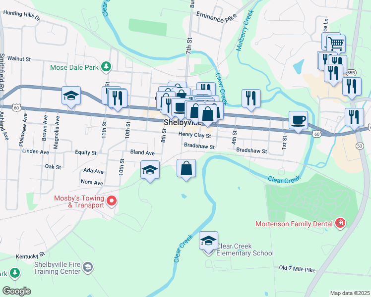 map of restaurants, bars, coffee shops, grocery stores, and more near 624 7th Street in Shelbyville