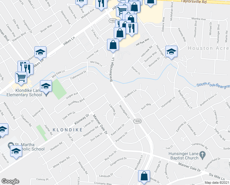 map of restaurants, bars, coffee shops, grocery stores, and more near 3120 Breckenridge Lane in Louisville