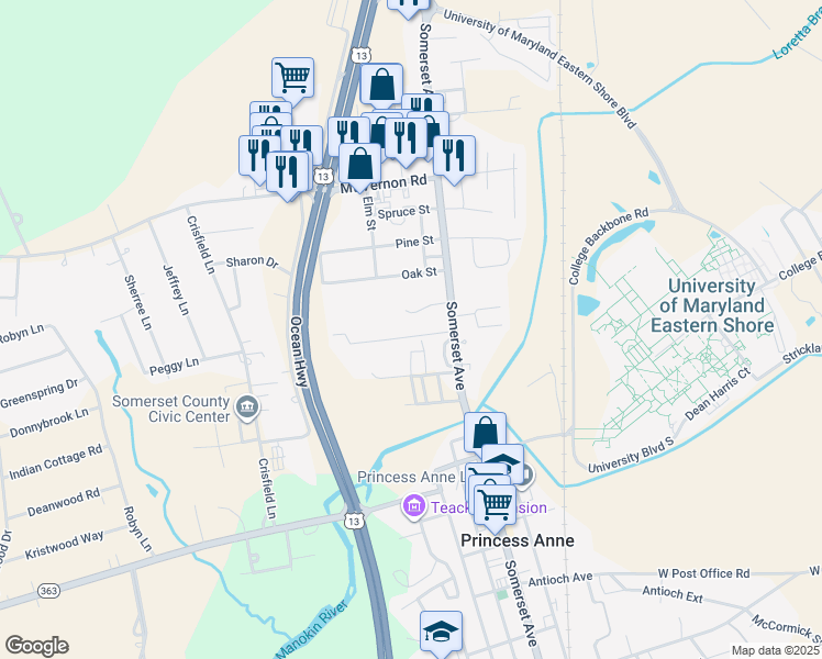 map of restaurants, bars, coffee shops, grocery stores, and more near 30450 Maple Street in Princess Anne