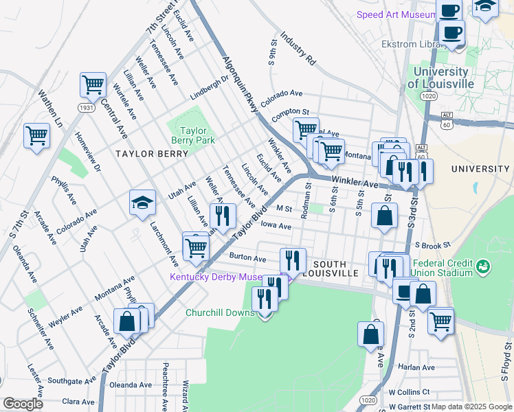 map of restaurants, bars, coffee shops, grocery stores, and more near 2816 Taylor Boulevard in Louisville