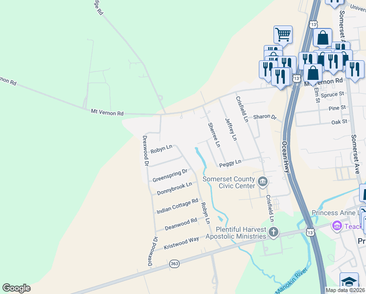 map of restaurants, bars, coffee shops, grocery stores, and more near 11953 Robyn Lane in Princess Anne