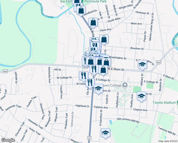 map of restaurants, bars, coffee shops, grocery stores, and more near 144 West Main Street in Georgetown