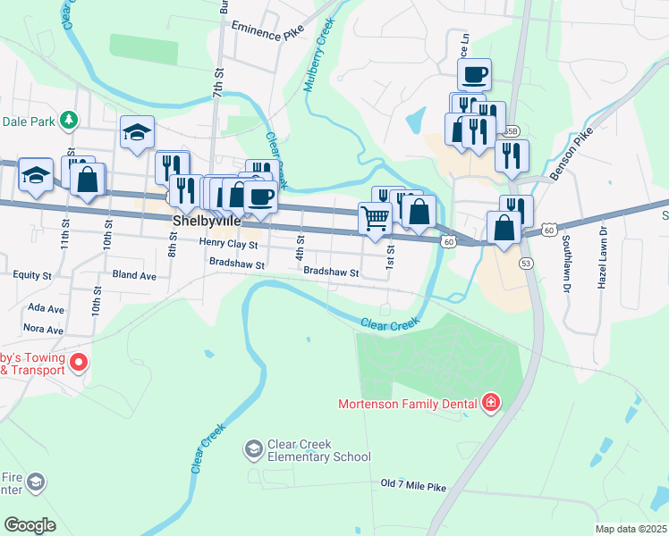 map of restaurants, bars, coffee shops, grocery stores, and more near 213 Bradshaw Street in Shelbyville