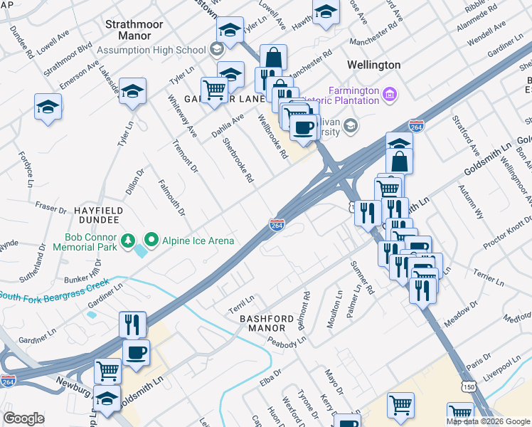 map of restaurants, bars, coffee shops, grocery stores, and more near 3108 Sherbrooke Road in Louisville