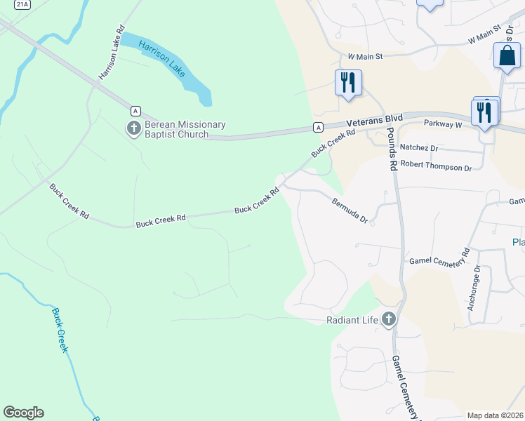 map of restaurants, bars, coffee shops, grocery stores, and more near 2208 Buck Creek Road in Festus