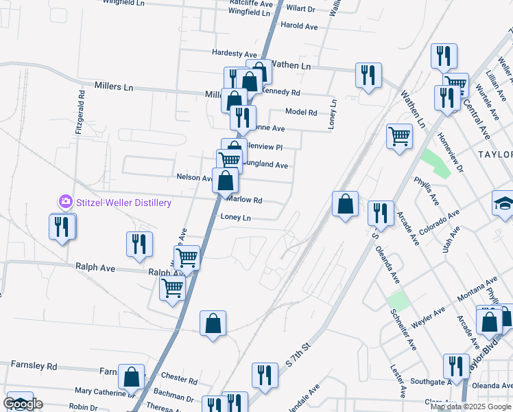 map of restaurants, bars, coffee shops, grocery stores, and more near 1716 Marlow Road in Louisville