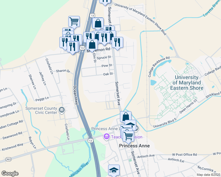 map of restaurants, bars, coffee shops, grocery stores, and more near 30450 Maple Street in Princess Anne