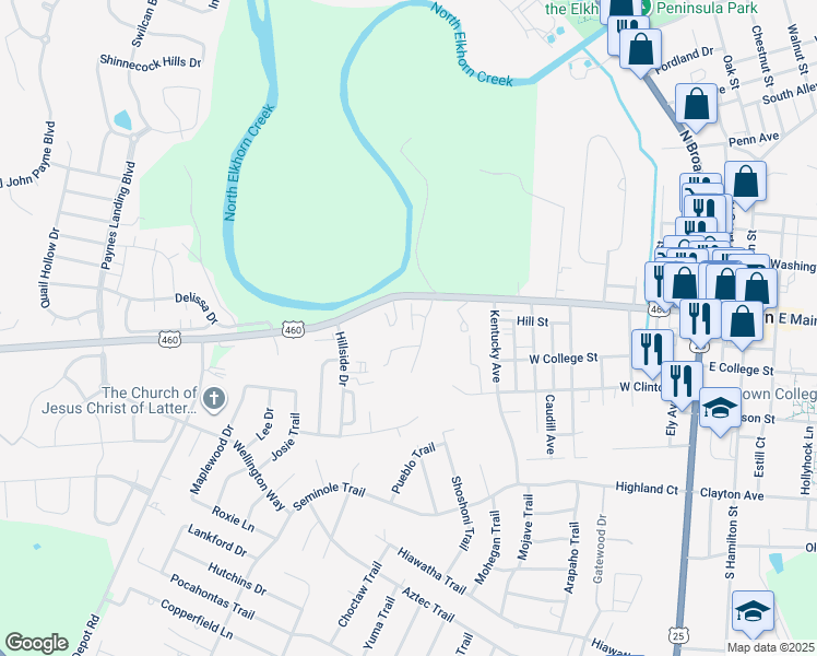 map of restaurants, bars, coffee shops, grocery stores, and more near 117-123 Simbas Path in Georgetown