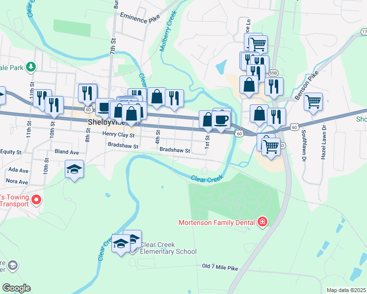 map of restaurants, bars, coffee shops, grocery stores, and more near 213 Bradshaw Street in Shelbyville