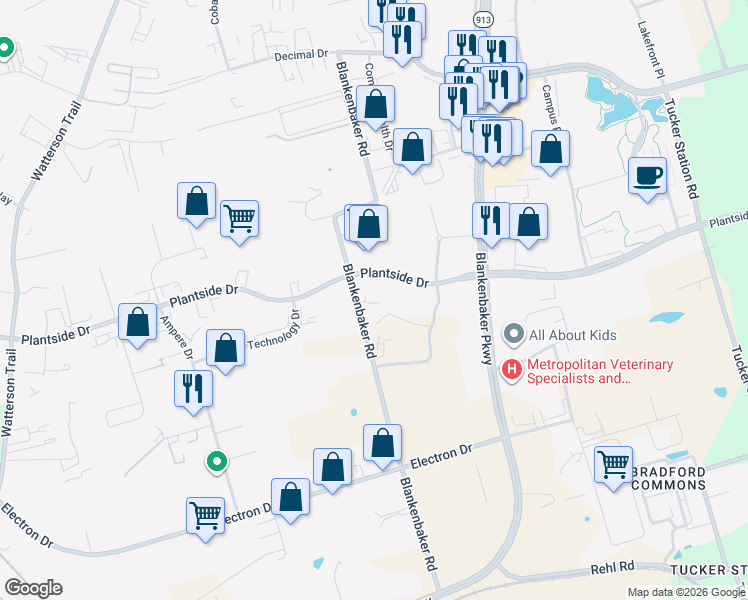 map of restaurants, bars, coffee shops, grocery stores, and more near 2405 Blankenbaker Road in Louisville