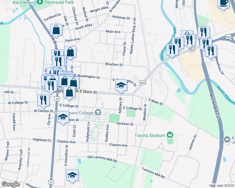 map of restaurants, bars, coffee shops, grocery stores, and more near 529 East Main Street in Georgetown
