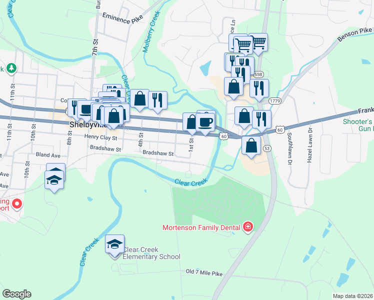 map of restaurants, bars, coffee shops, grocery stores, and more near 530 1st Street in Shelbyville