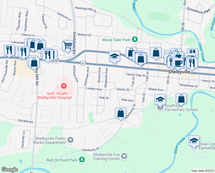 map of restaurants, bars, coffee shops, grocery stores, and more near 709 Magnolia Avenue in Shelbyville