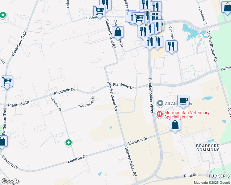 map of restaurants, bars, coffee shops, grocery stores, and more near 2405 Blankenbaker Road in Louisville