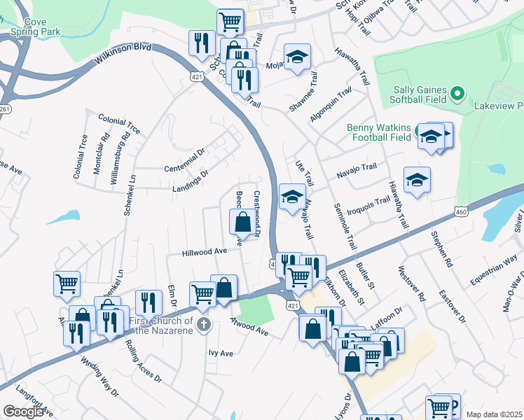 map of restaurants, bars, coffee shops, grocery stores, and more near 225 Crestwood Drive in Frankfort