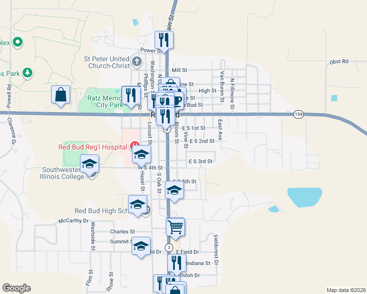 map of restaurants, bars, coffee shops, grocery stores, and more near 311 Vine Street in Red Bud